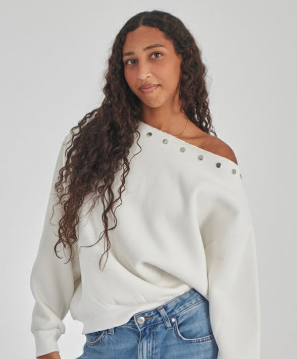 Studded white off-shoulder sweater