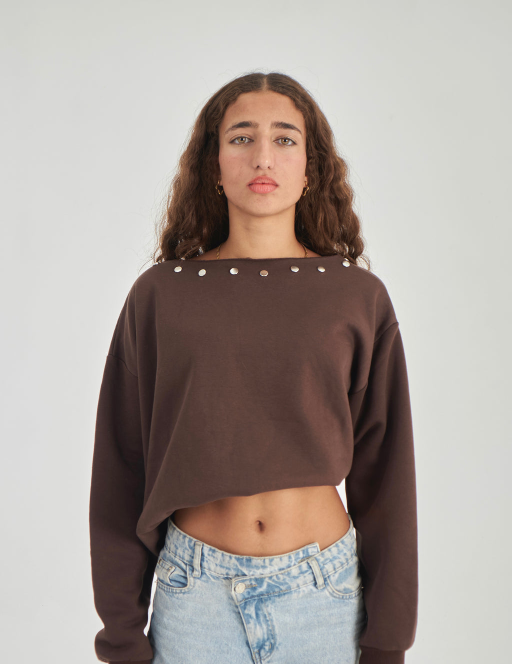 Studded brown off-shoulder sweater