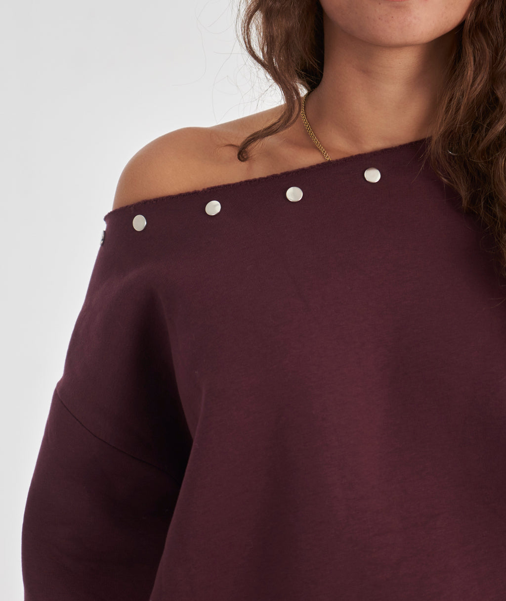 Studded burgundy off-shoulder sweater